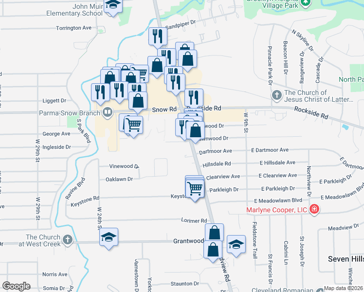 map of restaurants, bars, coffee shops, grocery stores, and more near 1721 Carlton Road in Parma
