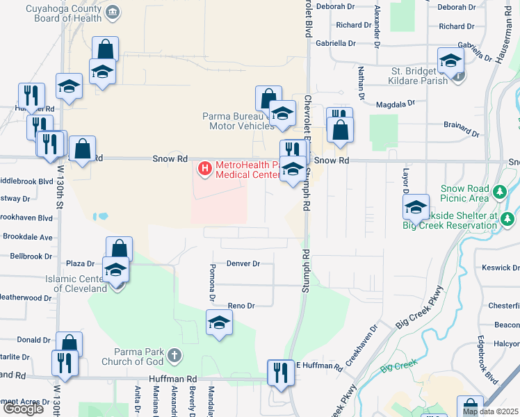 map of restaurants, bars, coffee shops, grocery stores, and more near 5880 Woolman Court in Parma