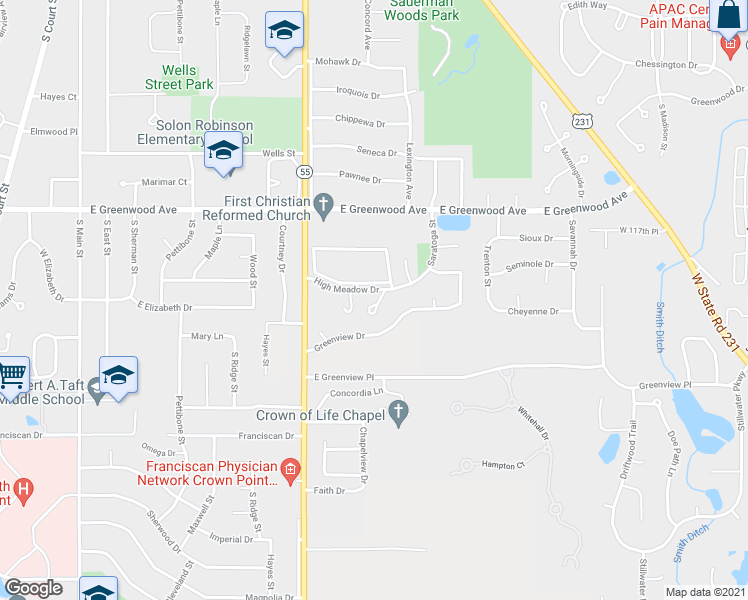 map of restaurants, bars, coffee shops, grocery stores, and more near 915 High Meadow Drive in Crown Point