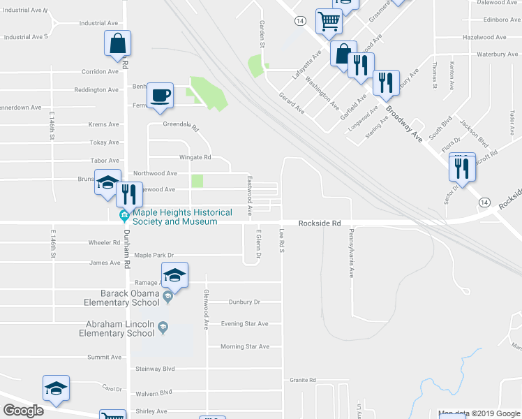 map of restaurants, bars, coffee shops, grocery stores, and more near 16220 Maplewood Court in Maple Heights