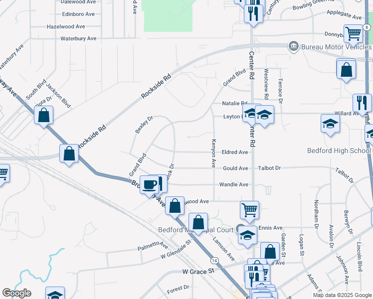map of restaurants, bars, coffee shops, grocery stores, and more near 141 Eldred Avenue in Bedford