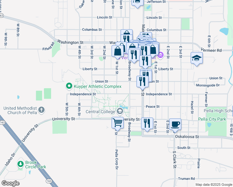 map of restaurants, bars, coffee shops, grocery stores, and more near 900 Independence Street in Pella