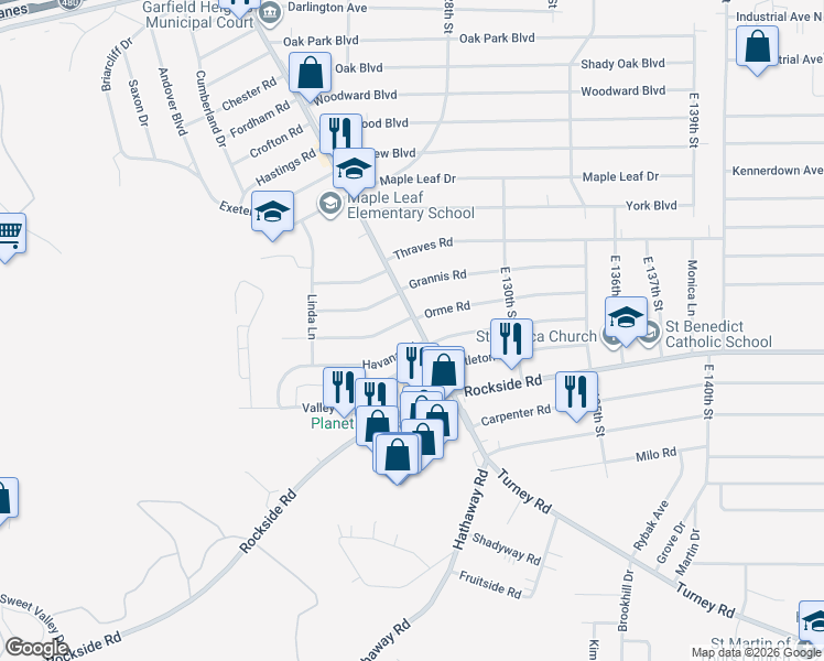 map of restaurants, bars, coffee shops, grocery stores, and more near 5915 Turney Road in Garfield Heights