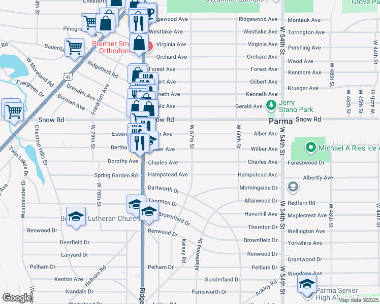 map of restaurants, bars, coffee shops, grocery stores, and more near 6703 Wilber Avenue in Parma