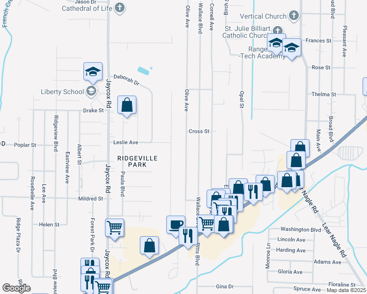 map of restaurants, bars, coffee shops, grocery stores, and more near 5970 Olive Avenue in North Ridgeville