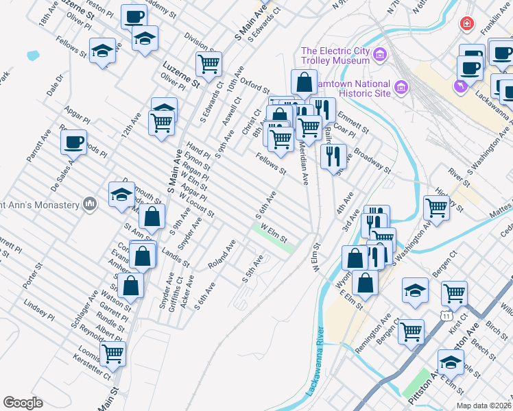 map of restaurants, bars, coffee shops, grocery stores, and more near 603 Eynon Street in Scranton