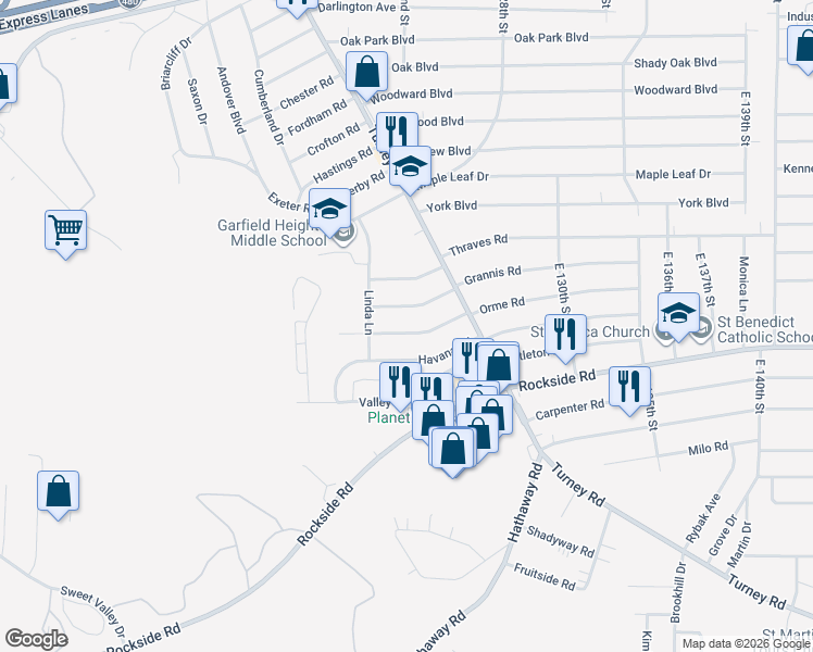 map of restaurants, bars, coffee shops, grocery stores, and more near 12303 Orme Road in Garfield Heights