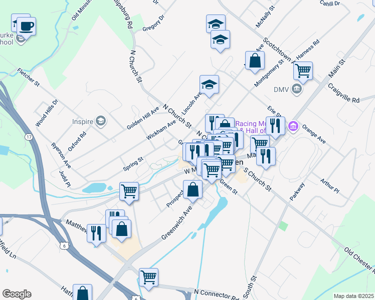 map of restaurants, bars, coffee shops, grocery stores, and more near 123 Grand Street in Goshen