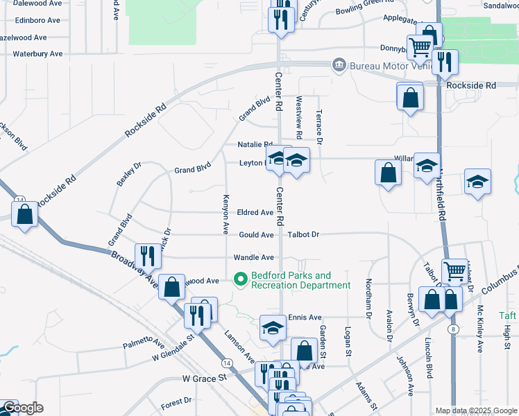 map of restaurants, bars, coffee shops, grocery stores, and more near 27 Eldred Avenue in Bedford