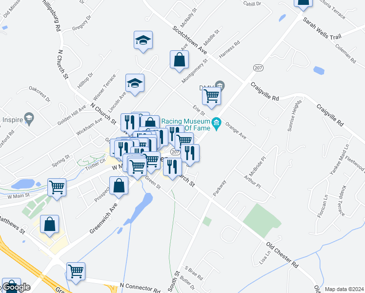 map of restaurants, bars, coffee shops, grocery stores, and more near 101 Main Street in Goshen