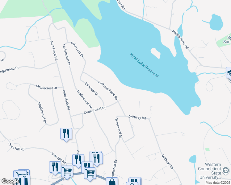 map of restaurants, bars, coffee shops, grocery stores, and more near 17 Driftway Point Road in Danbury