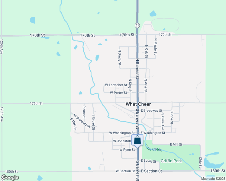 map of restaurants, bars, coffee shops, grocery stores, and more near 200-214 N Valley St in What Cheer