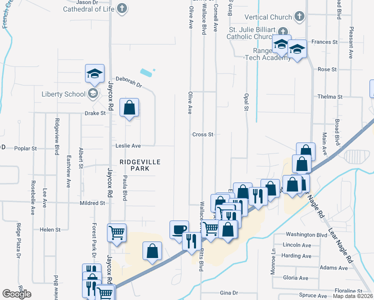 map of restaurants, bars, coffee shops, grocery stores, and more near 5970 Olive Avenue in North Ridgeville