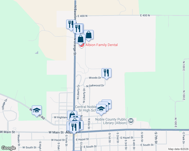map of restaurants, bars, coffee shops, grocery stores, and more near 303 Woods Dr in Albion