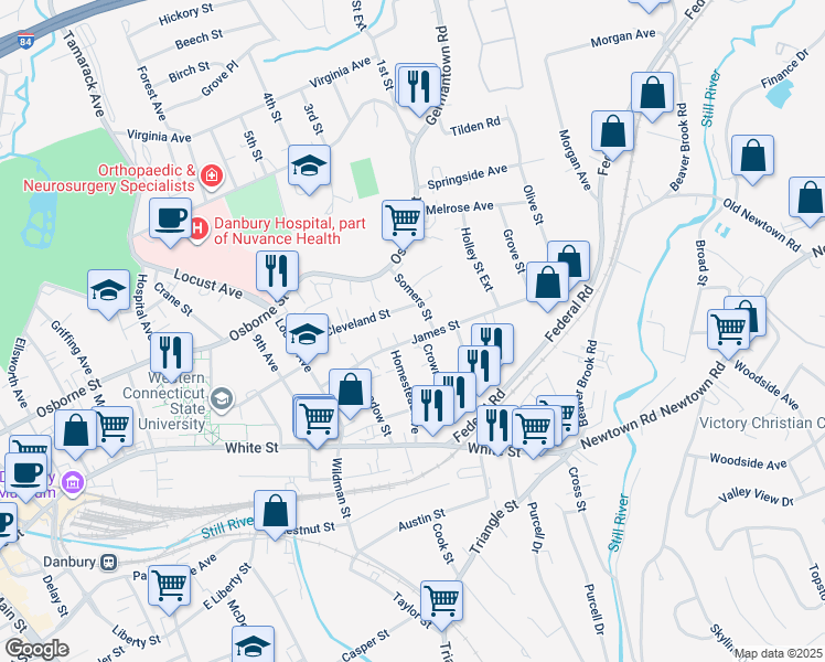 map of restaurants, bars, coffee shops, grocery stores, and more near 41 James Street in Danbury