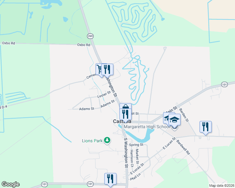 map of restaurants, bars, coffee shops, grocery stores, and more near 306 N Washington St in Castalia