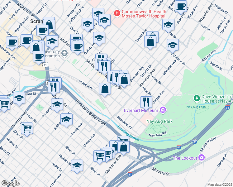map of restaurants, bars, coffee shops, grocery stores, and more near 314 North Irving Avenue in Scranton