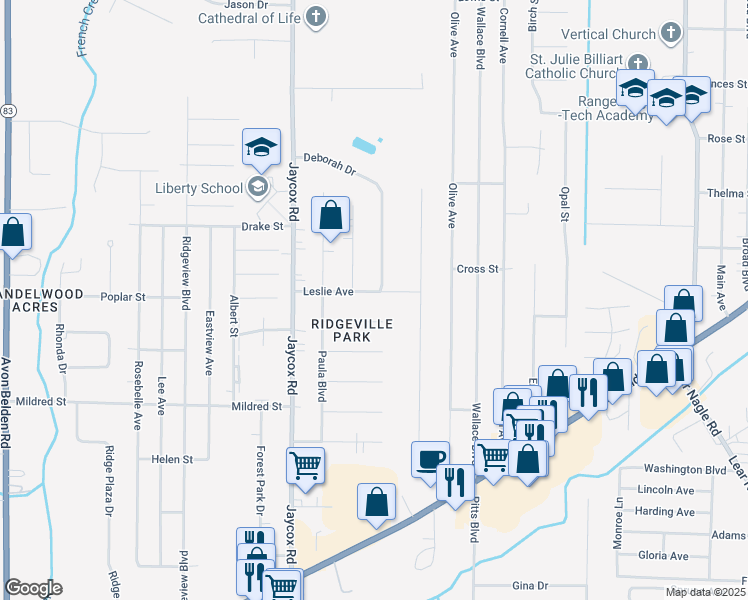 map of restaurants, bars, coffee shops, grocery stores, and more near 34779 Leslie Avenue in North Ridgeville
