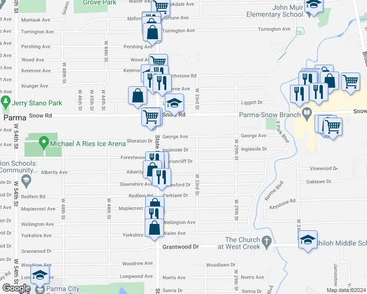 map of restaurants, bars, coffee shops, grocery stores, and more near 3402 Ingleside Drive in Parma
