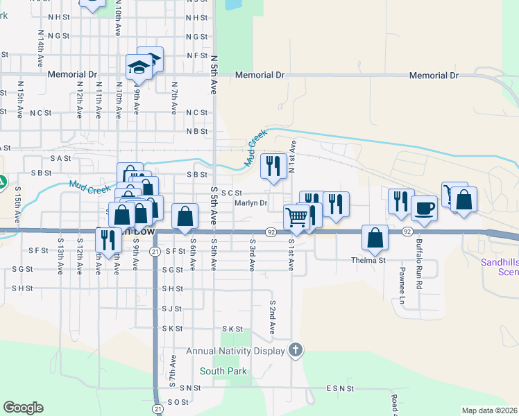 map of restaurants, bars, coffee shops, grocery stores, and more near 236 Marlyn Drive in Broken Bow