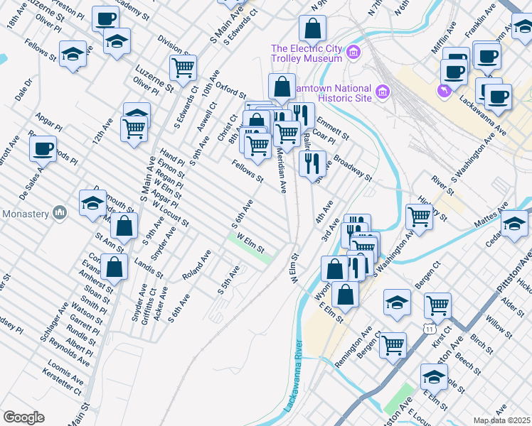 map of restaurants, bars, coffee shops, grocery stores, and more near 400-598 Hand Place in Scranton