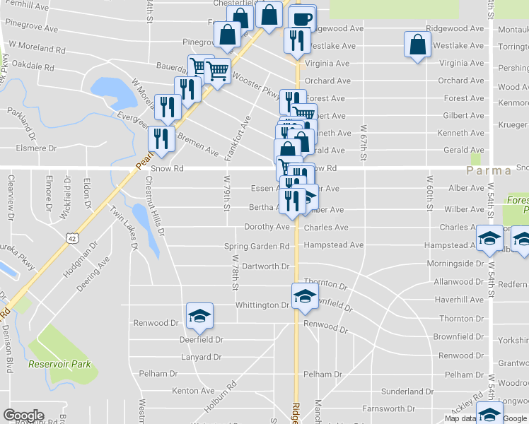 map of restaurants, bars, coffee shops, grocery stores, and more near 7515 Bertha Avenue in Parma