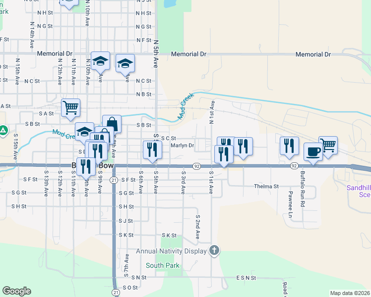 map of restaurants, bars, coffee shops, grocery stores, and more near 236 Marlyn Drive in Broken Bow