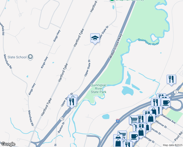 map of restaurants, bars, coffee shops, grocery stores, and more near 100 Upper State Street in North Haven