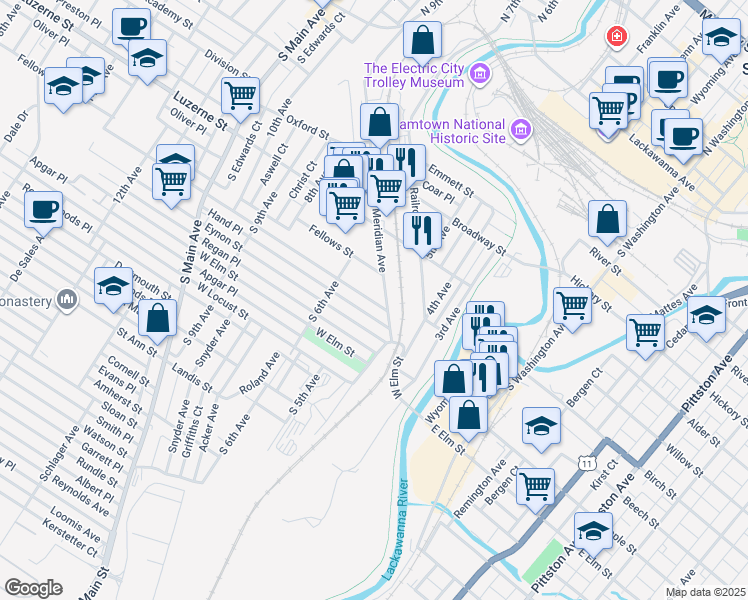 map of restaurants, bars, coffee shops, grocery stores, and more near 518 Meridian Avenue in Scranton