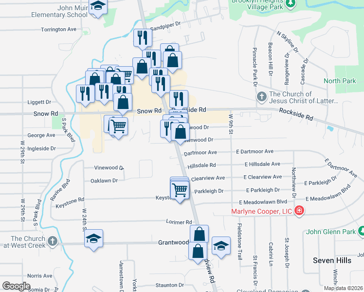 map of restaurants, bars, coffee shops, grocery stores, and more near 5892 Ohio 176 in Parma