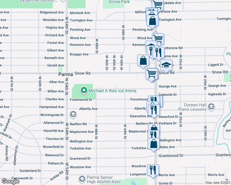 map of restaurants, bars, coffee shops, grocery stores, and more near 4419 Sheraton Drive in Parma