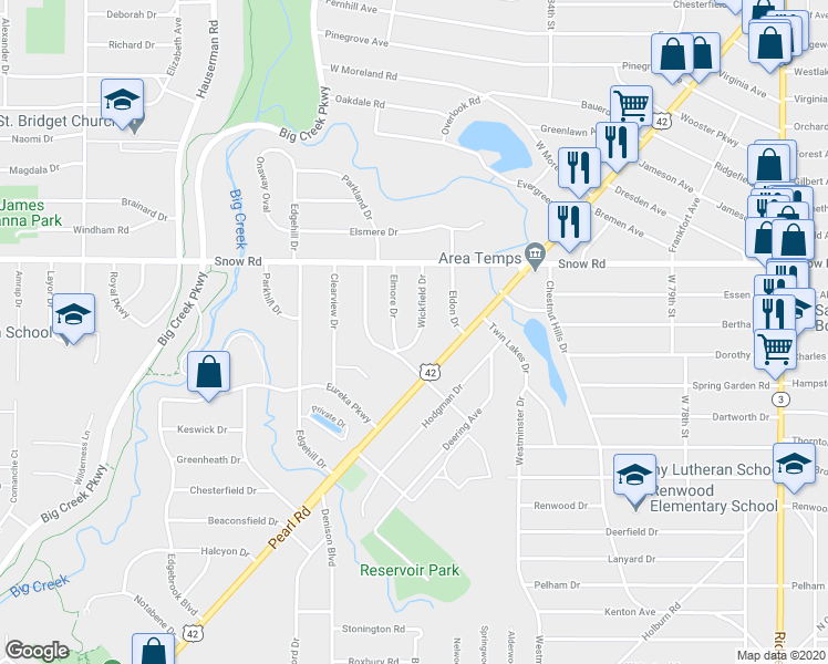 map of restaurants, bars, coffee shops, grocery stores, and more near 5867 Wickfield Drive in Parma Heights