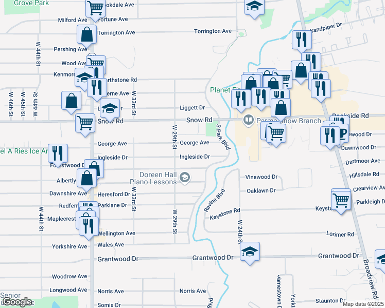 map of restaurants, bars, coffee shops, grocery stores, and more near 2716 Ingleside Drive in Parma