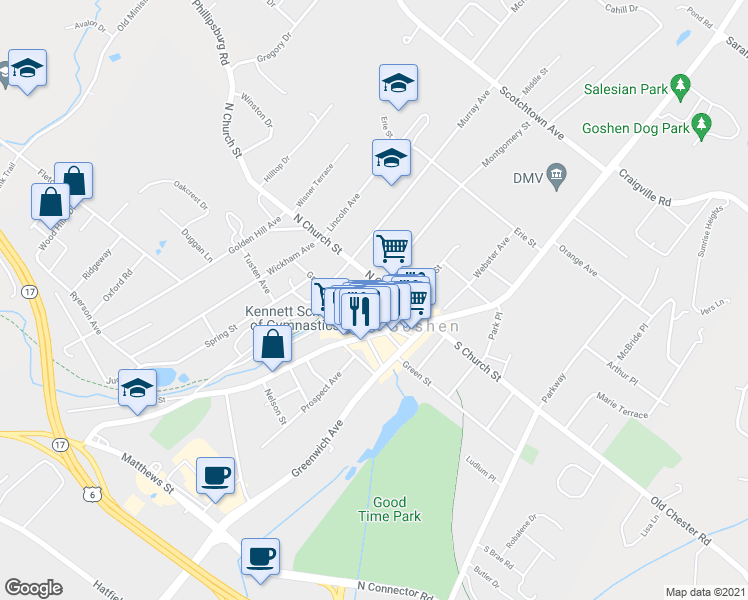 map of restaurants, bars, coffee shops, grocery stores, and more near 300 Canal Street in Goshen