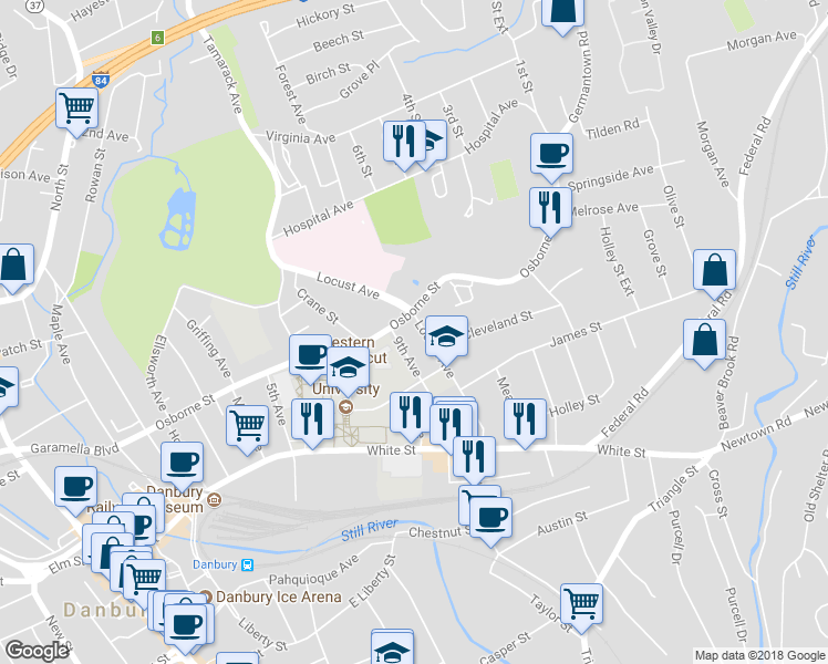 map of restaurants, bars, coffee shops, grocery stores, and more near 52 Locust Avenue in Danbury