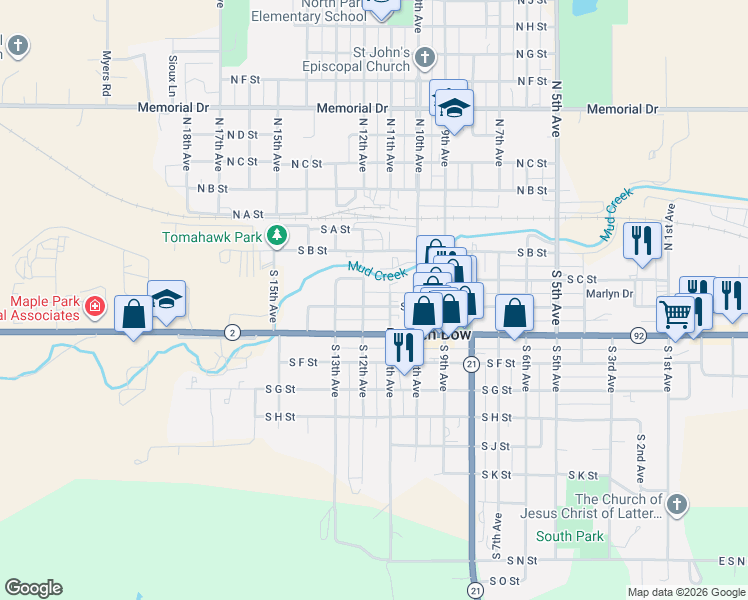 map of restaurants, bars, coffee shops, grocery stores, and more near 1131 South D Street in Broken Bow
