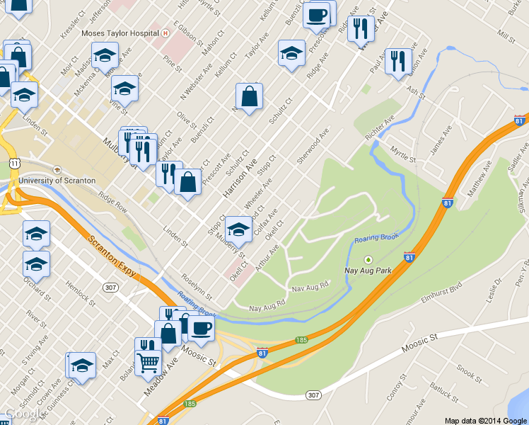 map of restaurants, bars, coffee shops, grocery stores, and more near 519 Colfax Avenue in Scranton