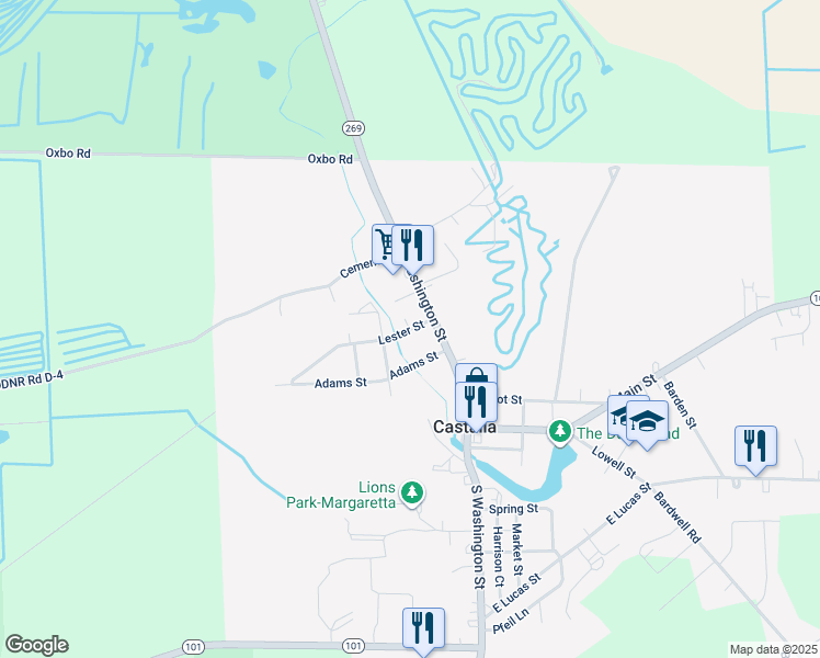 map of restaurants, bars, coffee shops, grocery stores, and more near 103 Lester St in Castalia