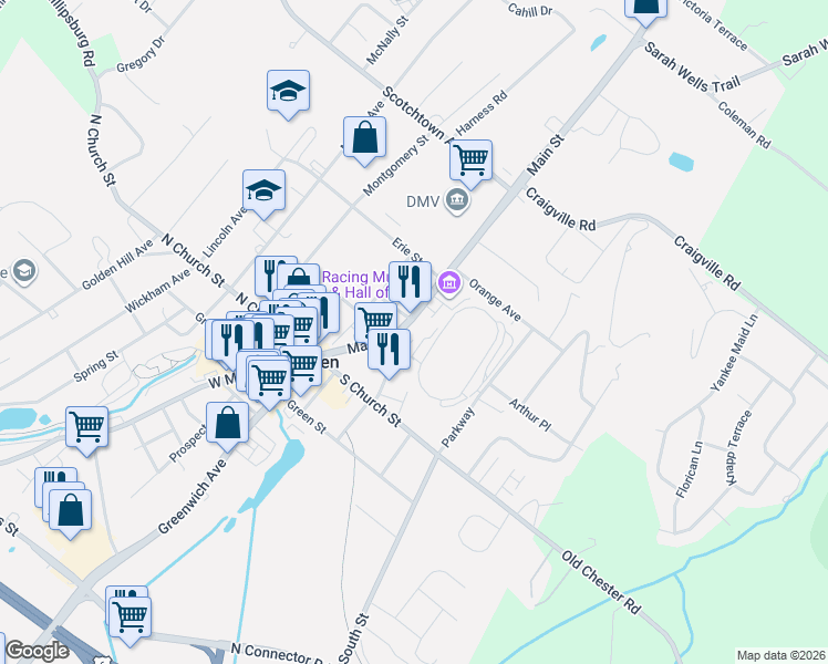 map of restaurants, bars, coffee shops, grocery stores, and more near 168 Main Street in Goshen