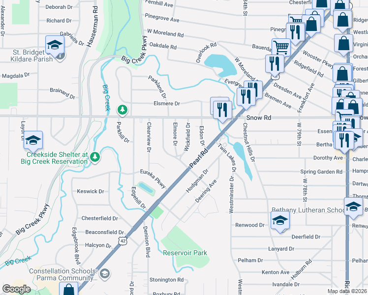 map of restaurants, bars, coffee shops, grocery stores, and more near 5867 Wickfield Drive in Parma Heights