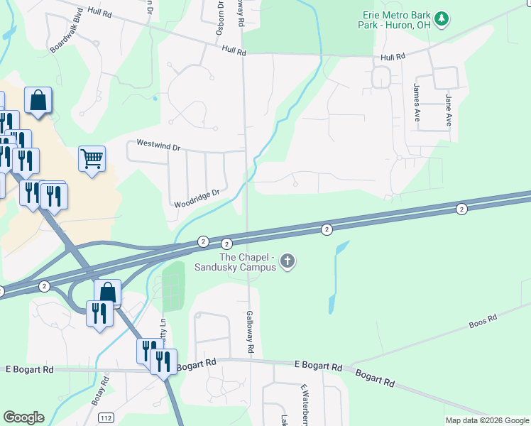 map of restaurants, bars, coffee shops, grocery stores, and more near 4248-4298 Township Highway 118 in Huron