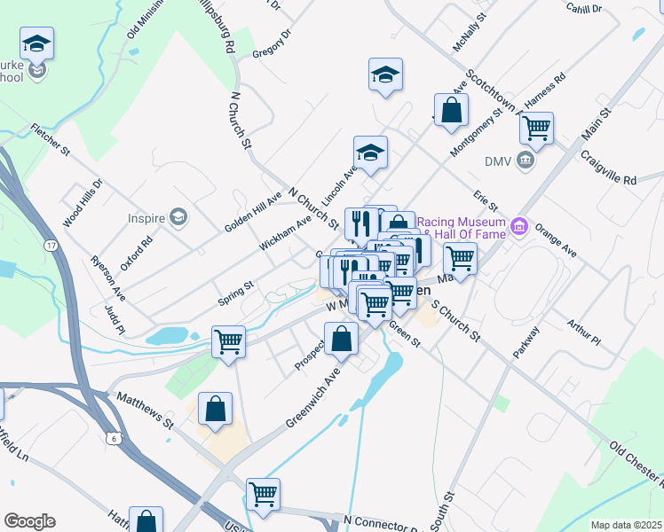 map of restaurants, bars, coffee shops, grocery stores, and more near Grand Street in Goshen