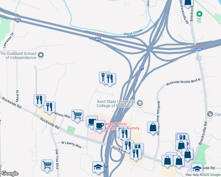 map of restaurants, bars, coffee shops, grocery stores, and more near 6025 Jefferson Drive in Independence