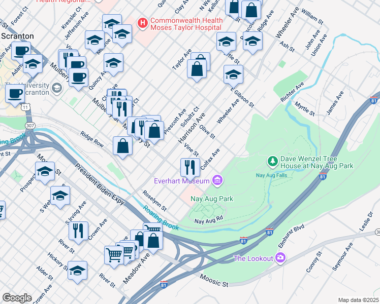 map of restaurants, bars, coffee shops, grocery stores, and more near 445 Wheeler Ave in Scranton