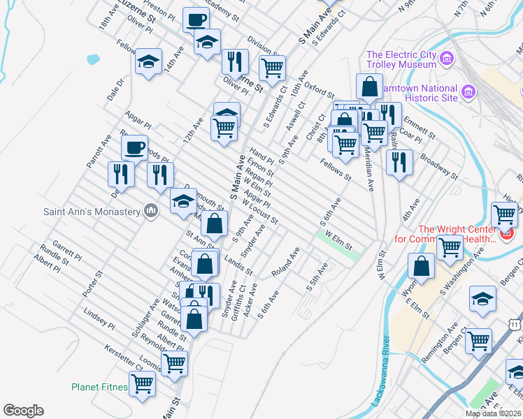 map of restaurants, bars, coffee shops, grocery stores, and more near 730 West Locust Street in Scranton