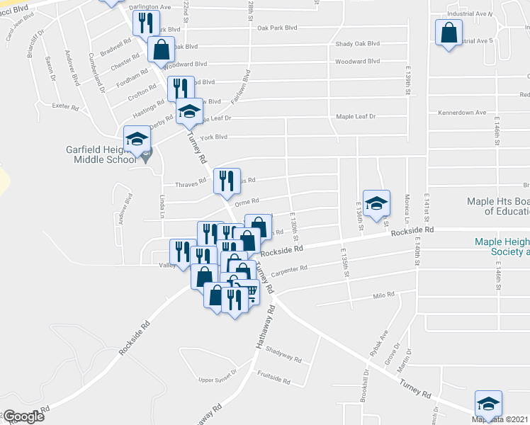 map of restaurants, bars, coffee shops, grocery stores, and more near 12821 Havana Road in Garfield Heights