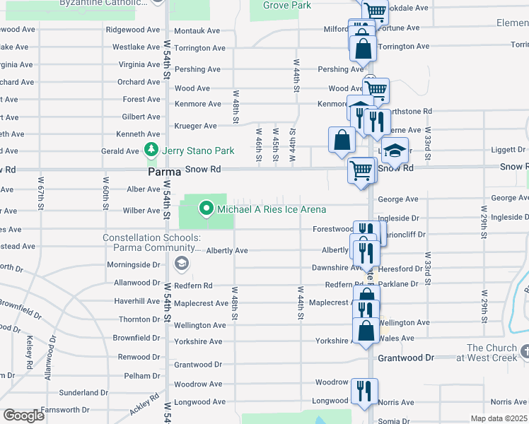map of restaurants, bars, coffee shops, grocery stores, and more near 4523 Sheraton Drive in Parma
