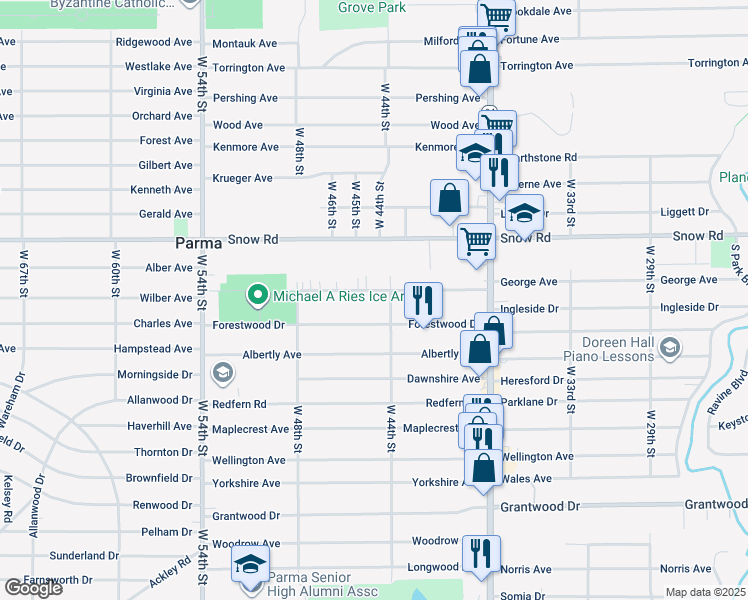 map of restaurants, bars, coffee shops, grocery stores, and more near 4419 Sheraton Dr in Parma