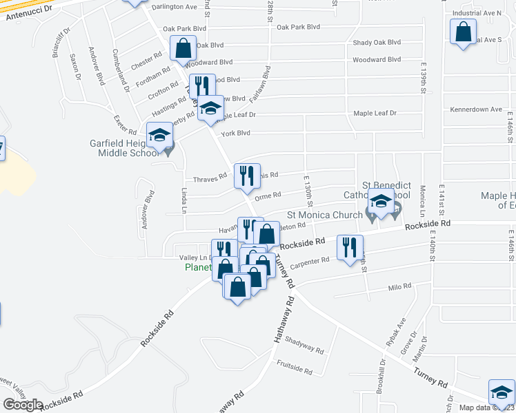 map of restaurants, bars, coffee shops, grocery stores, and more near 5915 Turney Rd in Garfield Heights