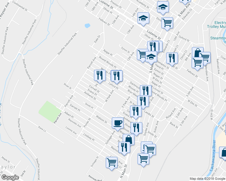 map of restaurants, bars, coffee shops, grocery stores, and more near 1298 Saint Ann Street in Scranton